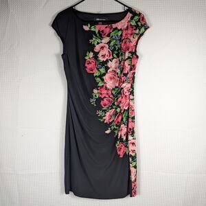 Anne Klein L Black Floral Sheath Dress Stretch Cap Sleeve Ruched Side Career